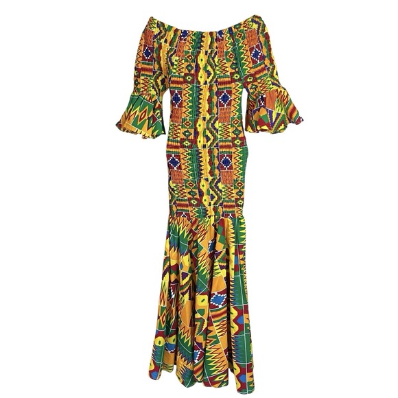 Vtg Smocked Kente African Maxi Dress Free Size World Dance Cultural Festival - Picture 3 of 7